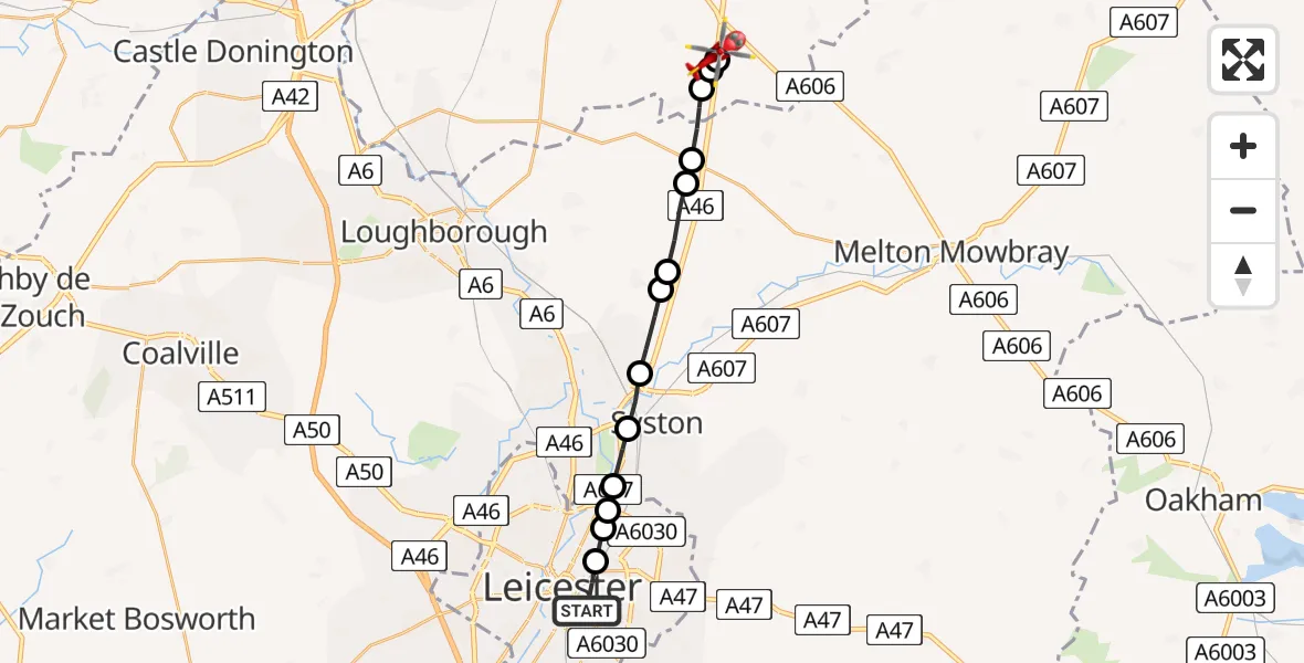 Flight route Air Ambulance Helicopter Highfields - Nottingham Heliport, 07 May 2026, 14:09