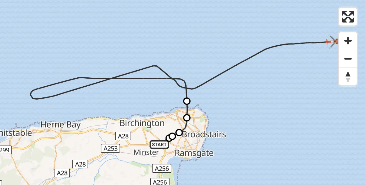 Flight route Coastguard Helicopter Manston Airport - North Sea, 07 May 2026, 14:12