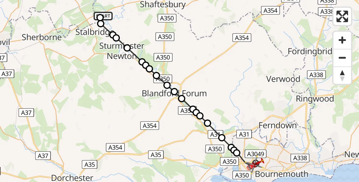 Flight route Air Ambulance Helicopter Henstridge Airfield - Poole, 07 May 2026, 14:12