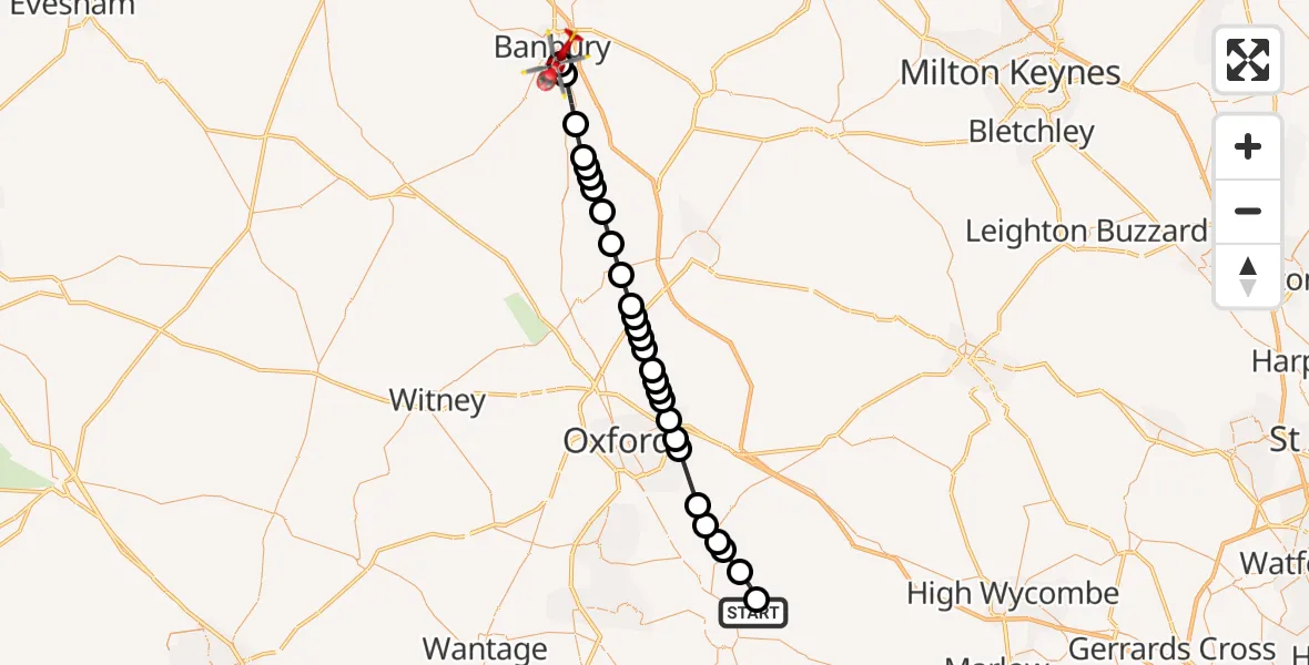 Flight route Air Ambulance Helicopter RAF Benson - Banbury, 07 May 2026, 14:25