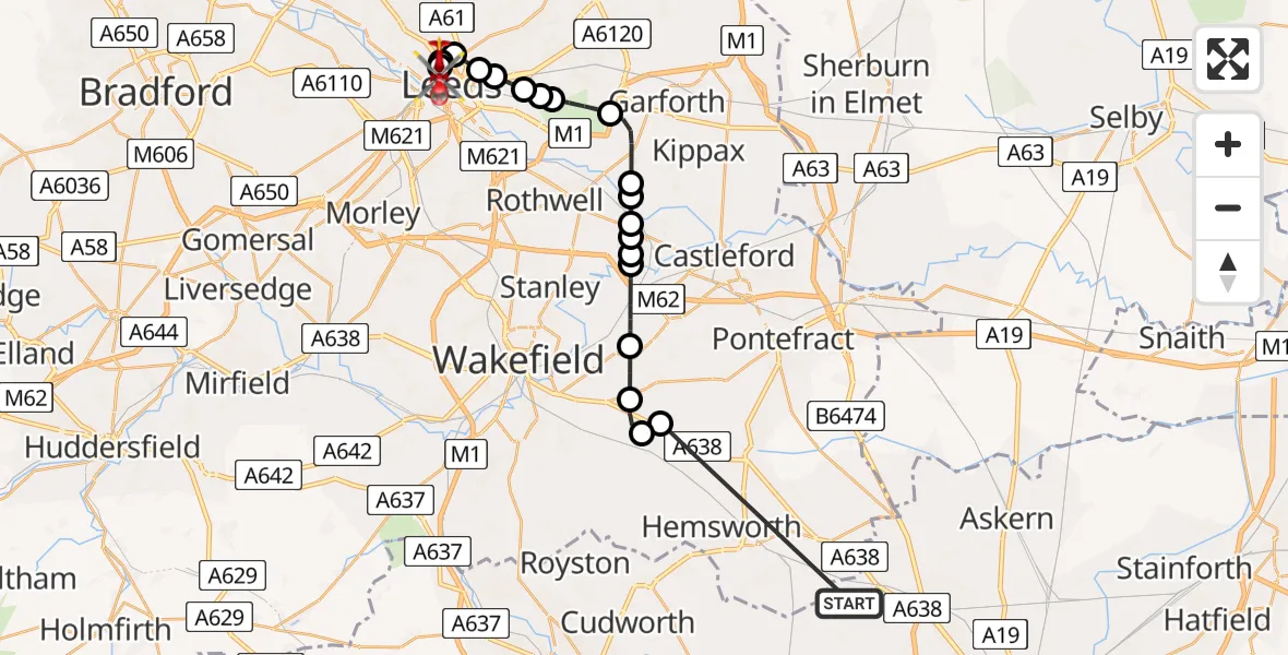 Flight route Air Ambulance Helicopter Hooton Pagnell - Hyde Park, 07 May 2026, 14:38
