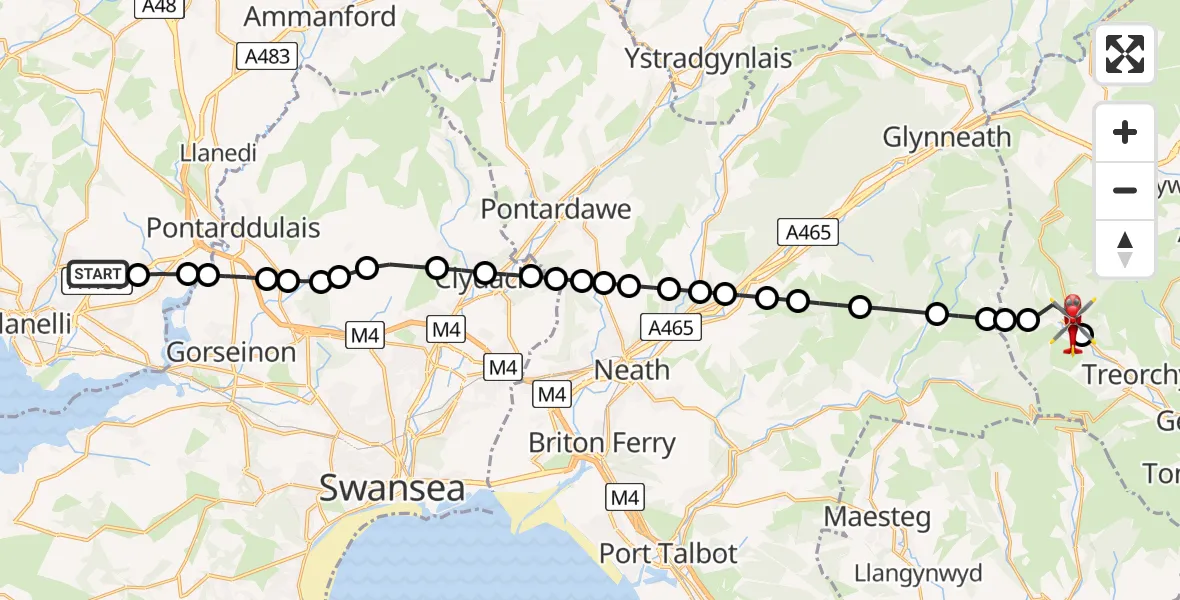 Flight route Air Ambulance Helicopter Dafen - Treherbert, 07 May 2026, 14:40