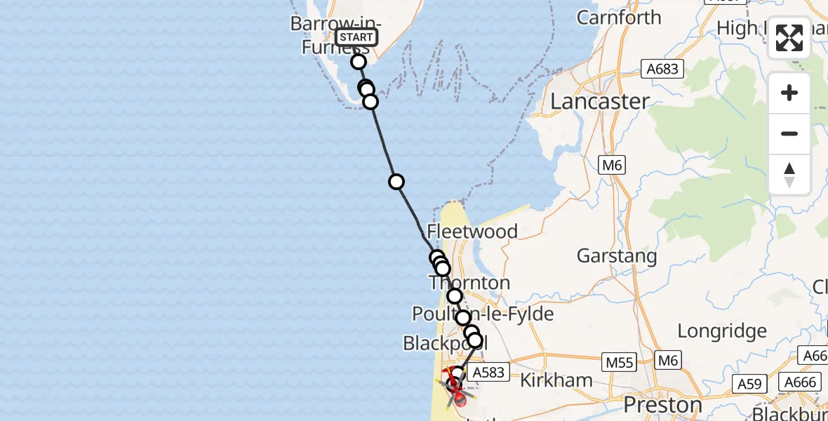 Flight route Air Ambulance Helicopter Barrow-in-Furness - Blackpool Airport, 07 May 2026, 14:46