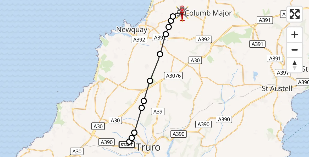Flight route Air Ambulance Helicopter Treliske Hospital - Cornwall Airport Newquay, 07 May 2026, 14:48