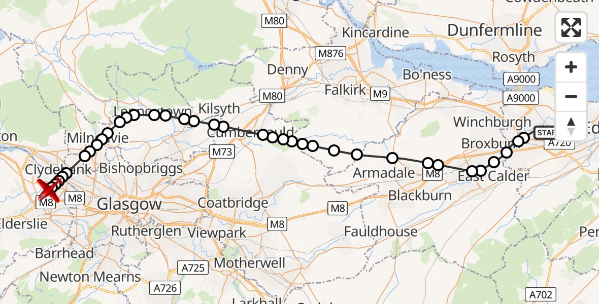 Flight route Air Ambulance Aircraft Edinburgh Airport - Glasgow Airport, 07 May 2026, 14:51