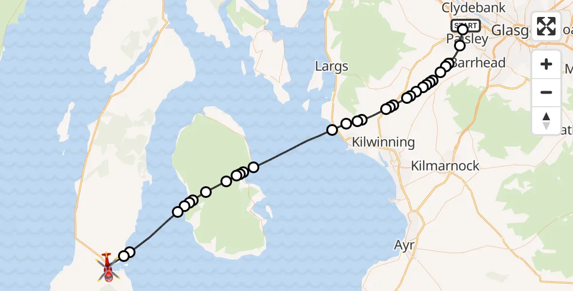 Flight route Air Ambulance Helicopter Glasgow Airport - Campbeltown, 07 May 2026, 14:55
