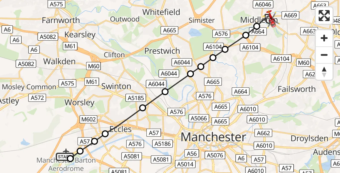 Flight route Air Ambulance Helicopter Manchester Barton Aerodrome - Middleton, 07 May 2026, 14:55
