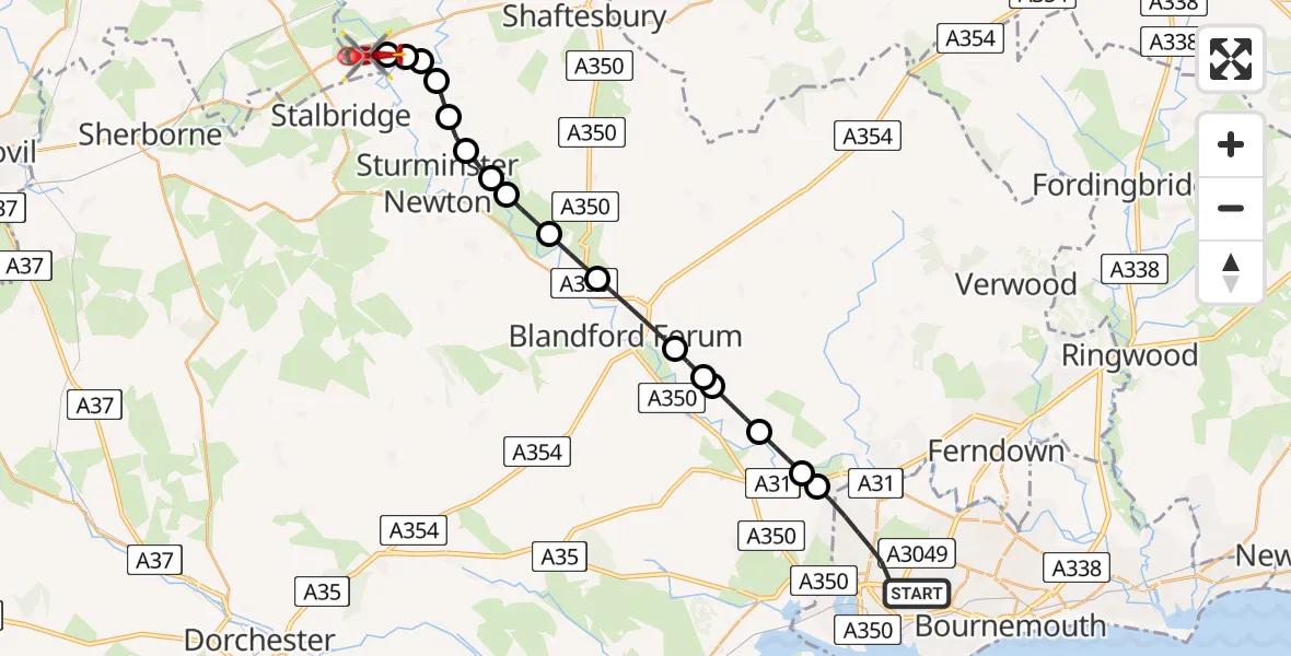 Flight route Air Ambulance Helicopter Poole - Kington Magna, 07 May 2026, 14:56