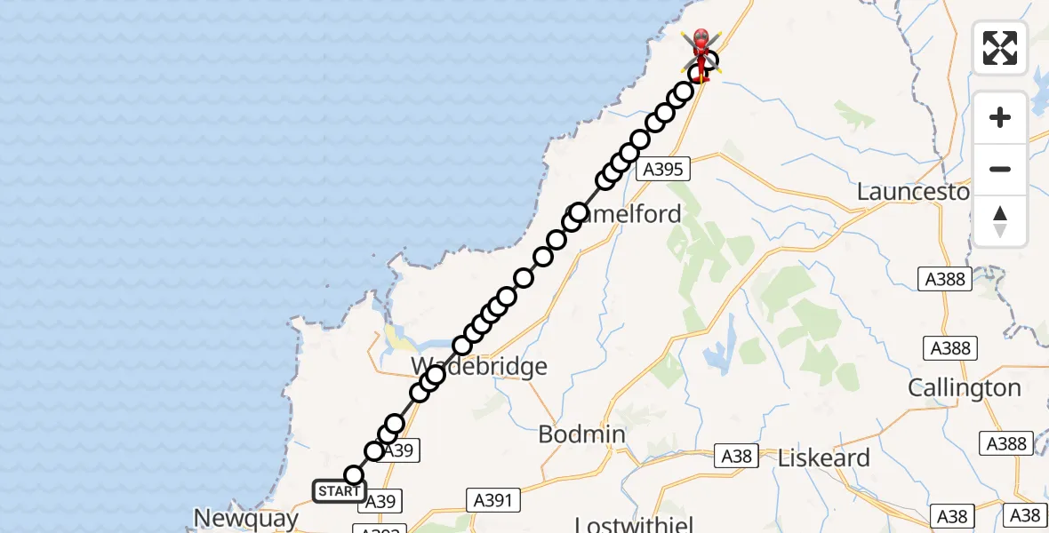 Flight route Air Ambulance Helicopter Cornwall Airport Newquay - Wainhouse Corner, 07 May 2026, 14:58