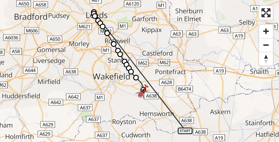 Flight route Air Ambulance Helicopter Hooton Pagnell - YAA Nostell Helicopter Port, 07 May 2026, 14:59