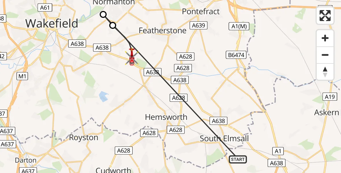 Flight route Air Ambulance Helicopter Hooton Pagnell - YAA Nostell Helicopter Port, 07 May 2026, 15:12
