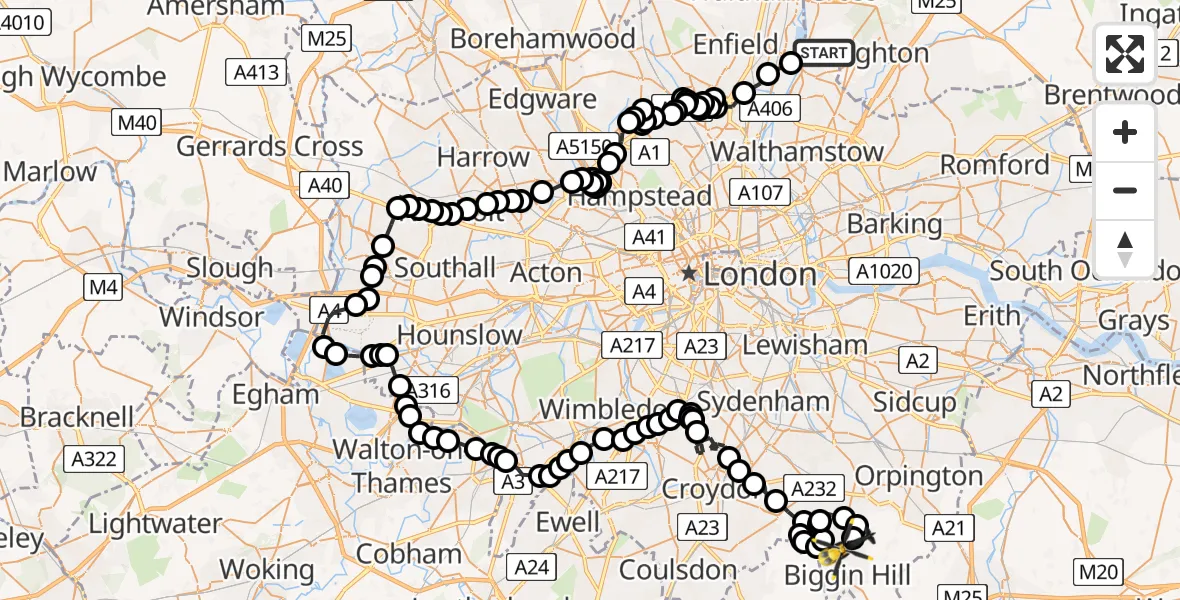 Flight route Police Helicopter Sewardstonebury - London Biggin Hill Airport, 07 May 2026, 15:28