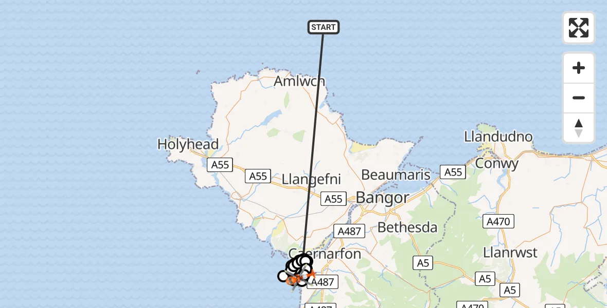 Flight route Coastguard Helicopter Irish Sea - Caernarfon Airport, 07 May 2026, 15:32