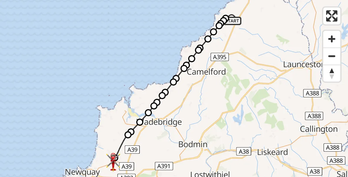 Flight route Air Ambulance Helicopter Wainhouse Corner - Cornwall Airport Newquay, 07 May 2026, 15:45