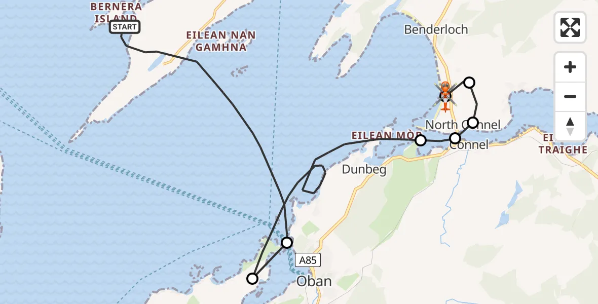 Flight route Coastguard Helicopter Inner Seas - Oban Airport, 07 May 2026, 15:45