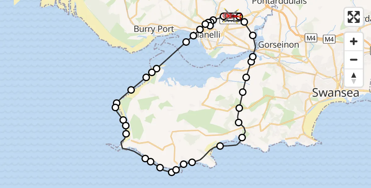 Flight route Air Ambulance Helicopter Dafen - Dafen, 07 May 2026, 15:50