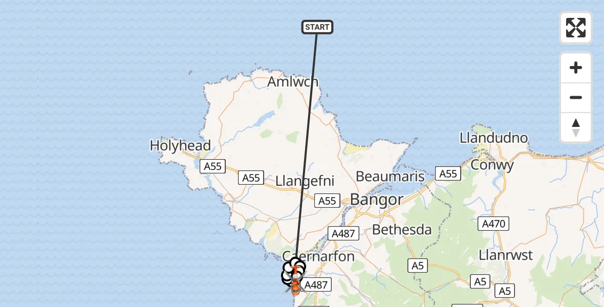 Flight route Coastguard Helicopter Irish Sea - Caernarfon Airport, 07 May 2026, 15:52