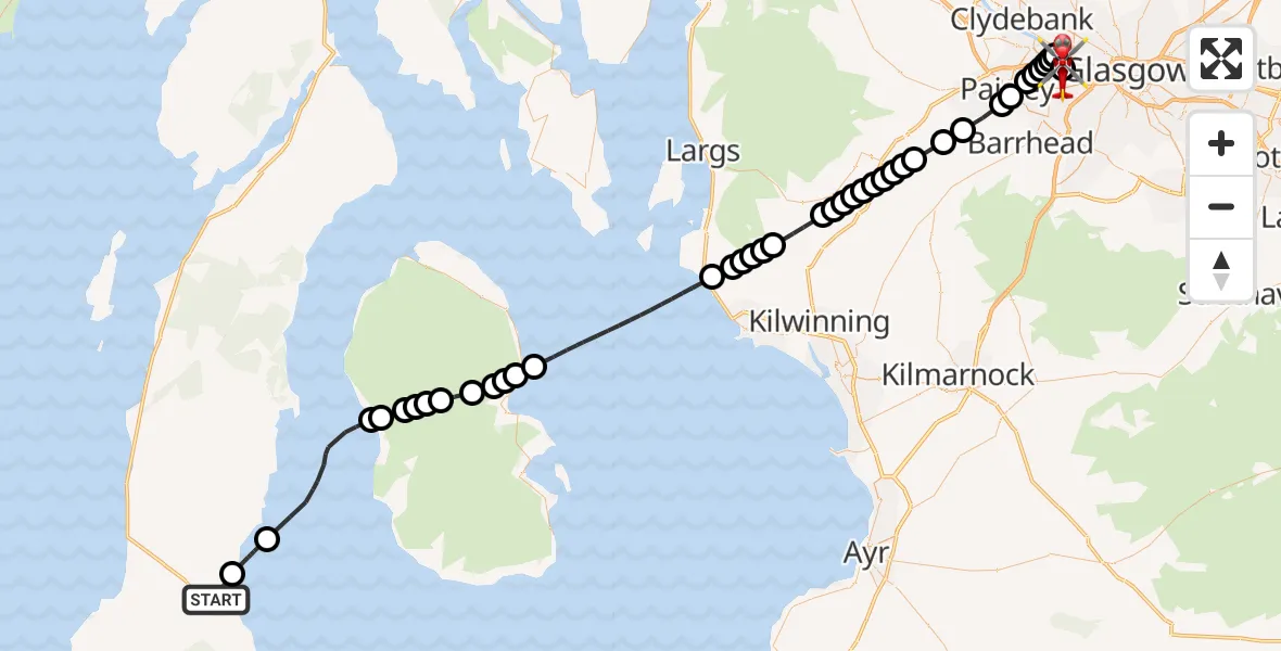 Flight route Air Ambulance Helicopter Campbeltown - Queen Elizabeth Hospital, 07 May 2026, 15:52