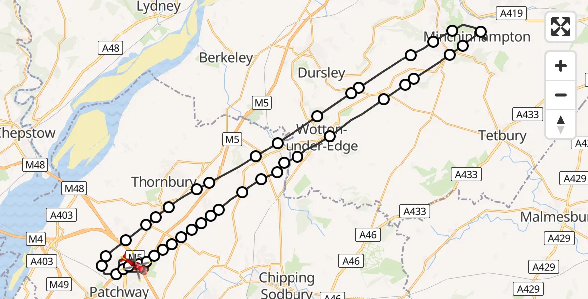 Flight route Air Ambulance Helicopter Almondsbury Helicopter Base - Almondsbury Helicopter Base, 07 May 2026, 15:55