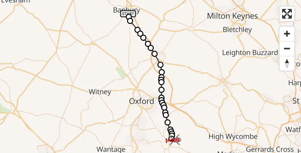 Flight route Air Ambulance Helicopter Banbury - RAF Benson, 07 May 2026, 16:05