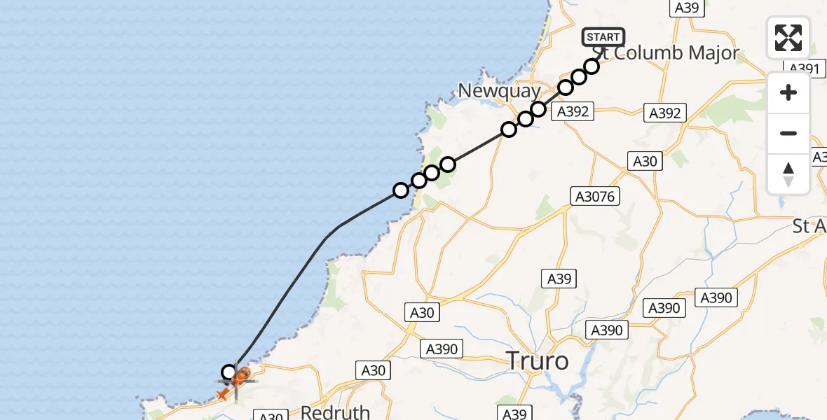 Flight route Coastguard Helicopter Cornwall Airport Newquay - Camborne, 07 May 2026, 16:08