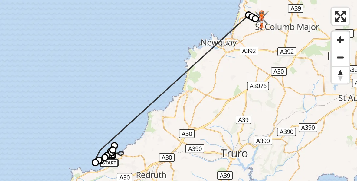 Flight route Coastguard Helicopter Camborne - Cornwall Airport Newquay, 07 May 2026, 16:23