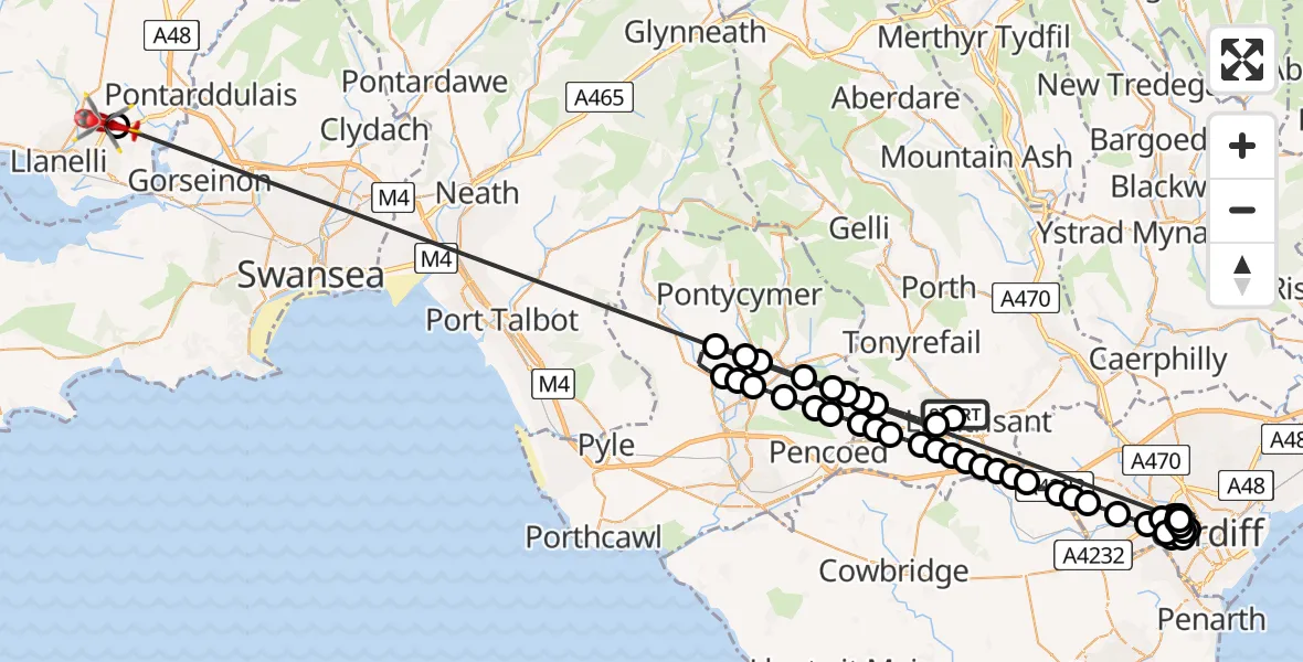 Flight route Air Ambulance Helicopter Royal Glamorgan Hospital Heliport - Dafen, 07 May 2026, 16:44