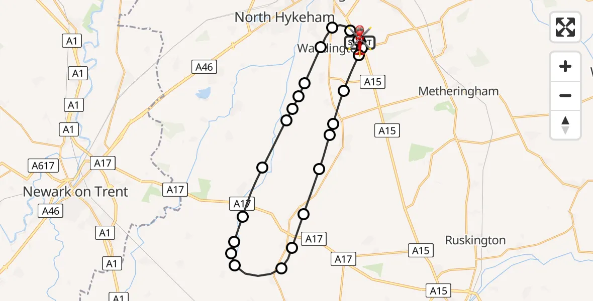 Flight route Air Ambulance Helicopter RAF Waddington - North Kesteven, 07 May 2026, 16:50