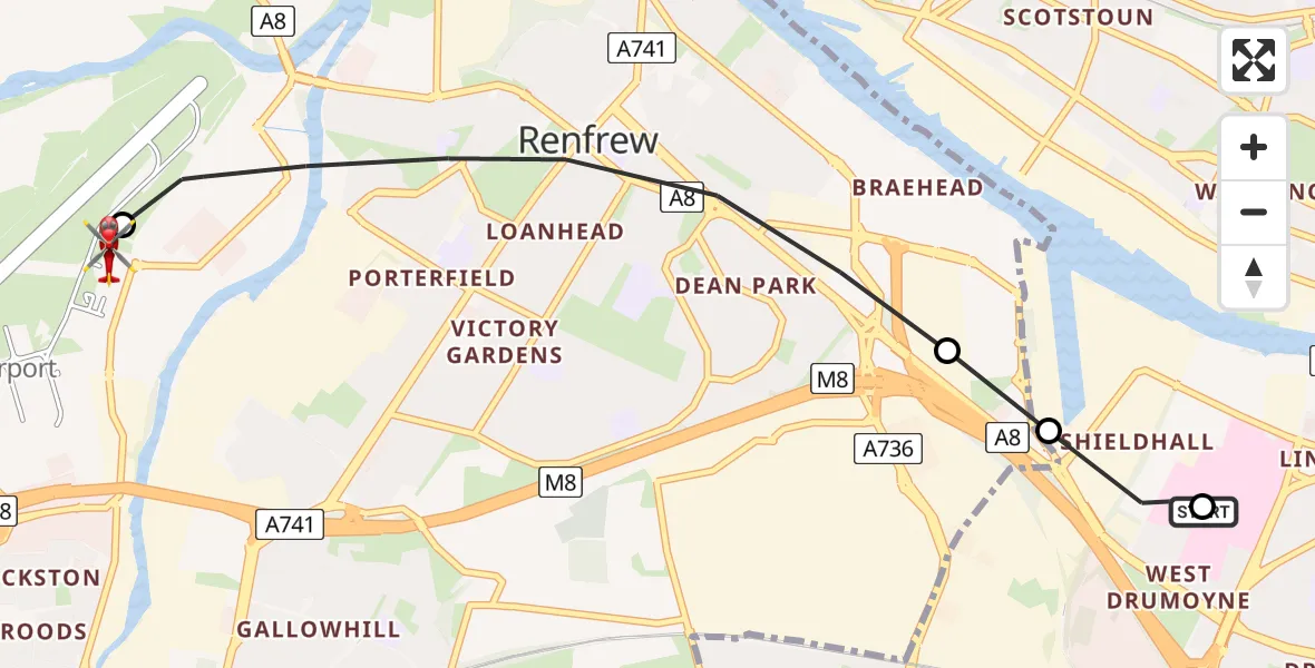Flight route Air Ambulance Helicopter Queen Elizabeth Hospital - Glasgow Airport, 07 May 2026, 16:52