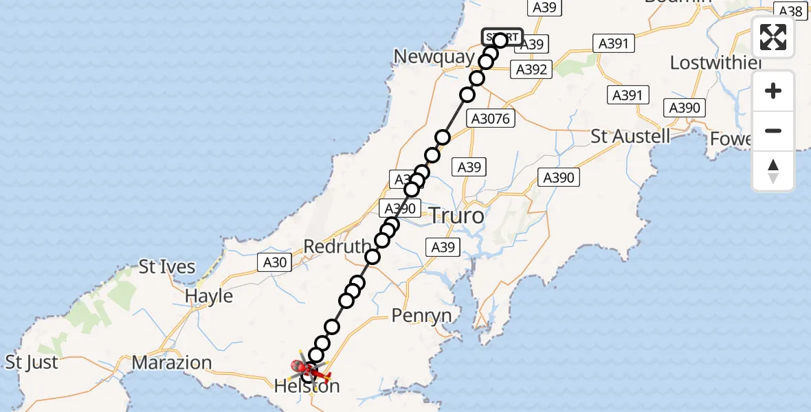 Flight route Air Ambulance Helicopter Cornwall Airport Newquay - Helston, 07 May 2026, 16:56