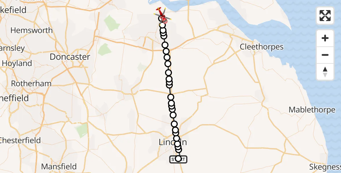 Flight route Air Ambulance Helicopter RAF Waddington - Winterton, 07 May 2026, 17:30