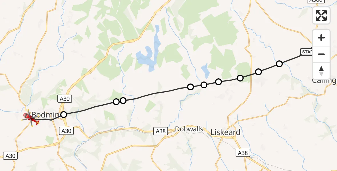 Flight route Air Ambulance Helicopter South Hill - Lanivet, 07 May 2026, 17:31