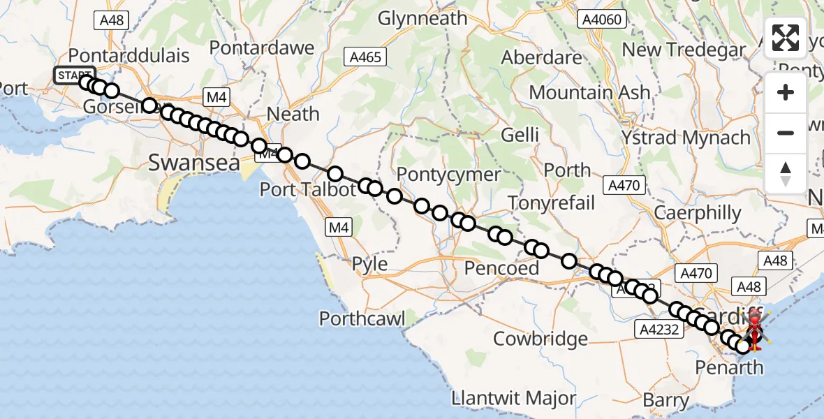 Flight route Air Ambulance Helicopter Dafen - Cardiff Heliport, 07 May 2026, 17:37