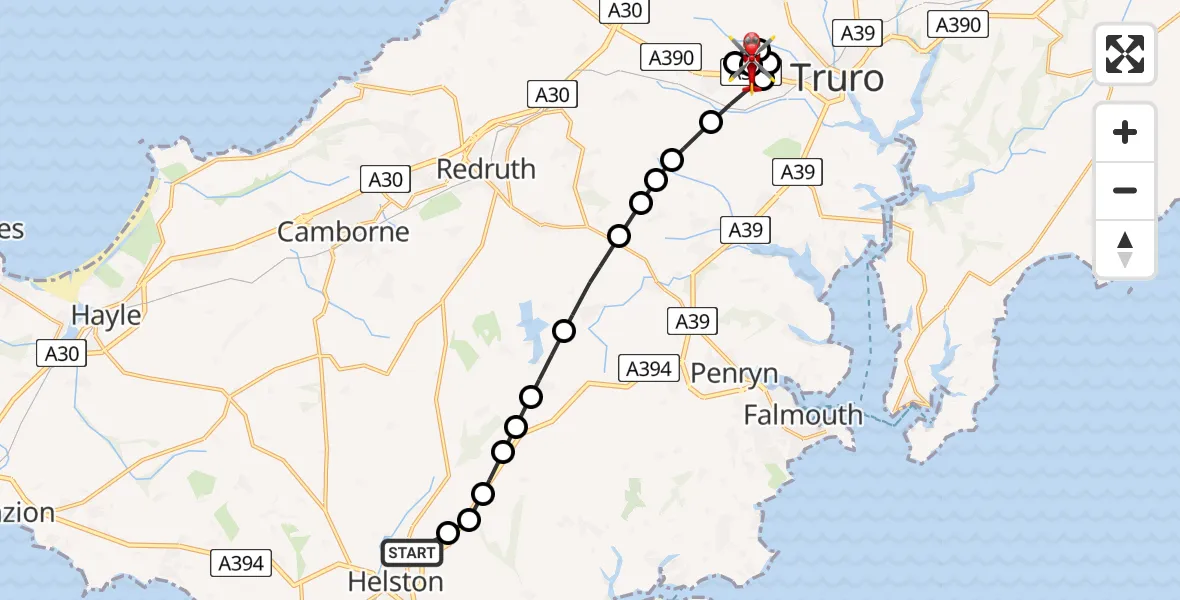 Flight route Air Ambulance Helicopter Helston - Treliske Hospital, 07 May 2026, 17:44