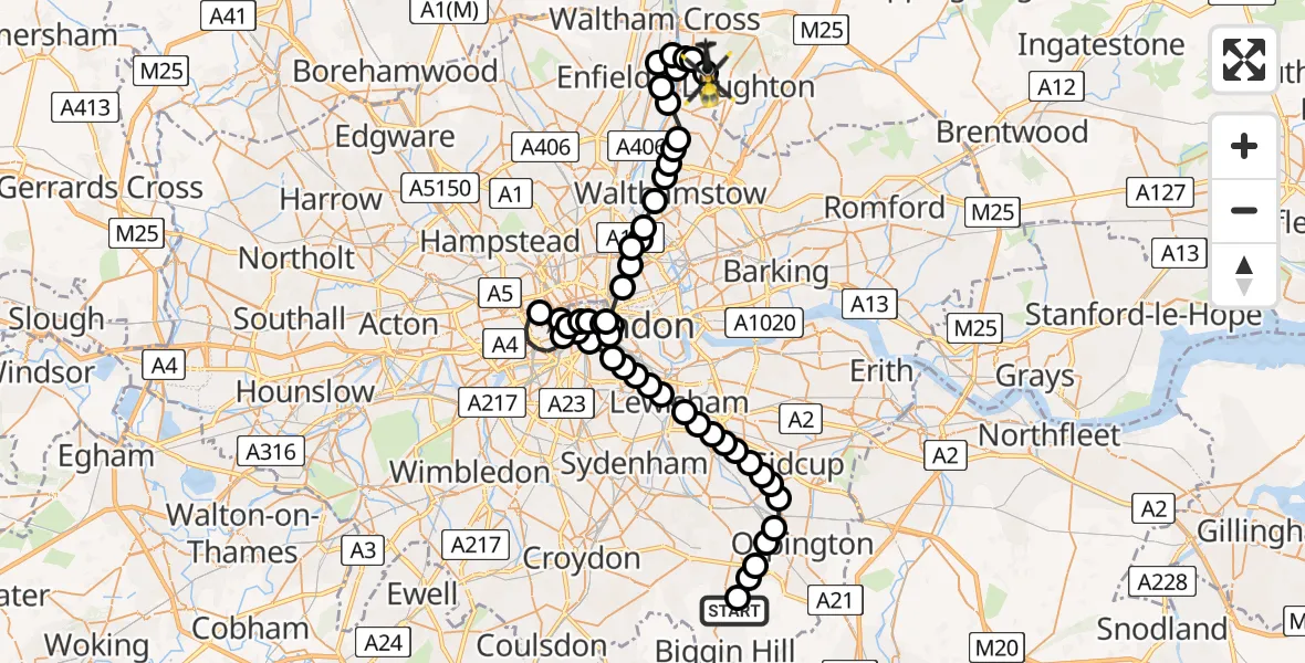 Flight route Police Helicopter London Biggin Hill Airport - Metropolitan Police Air Support Unit Lippitts Hill, 07 May 2026, 17:46