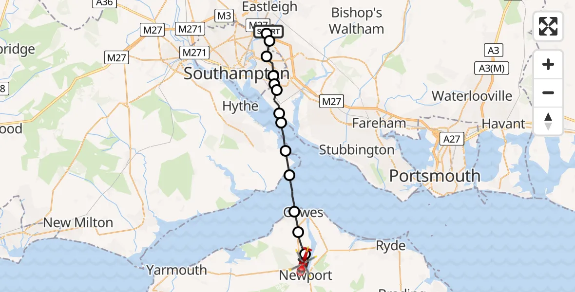 Flight route Air Ambulance Helicopter Southampton Airport - Newport, 07 May 2026, 17:58