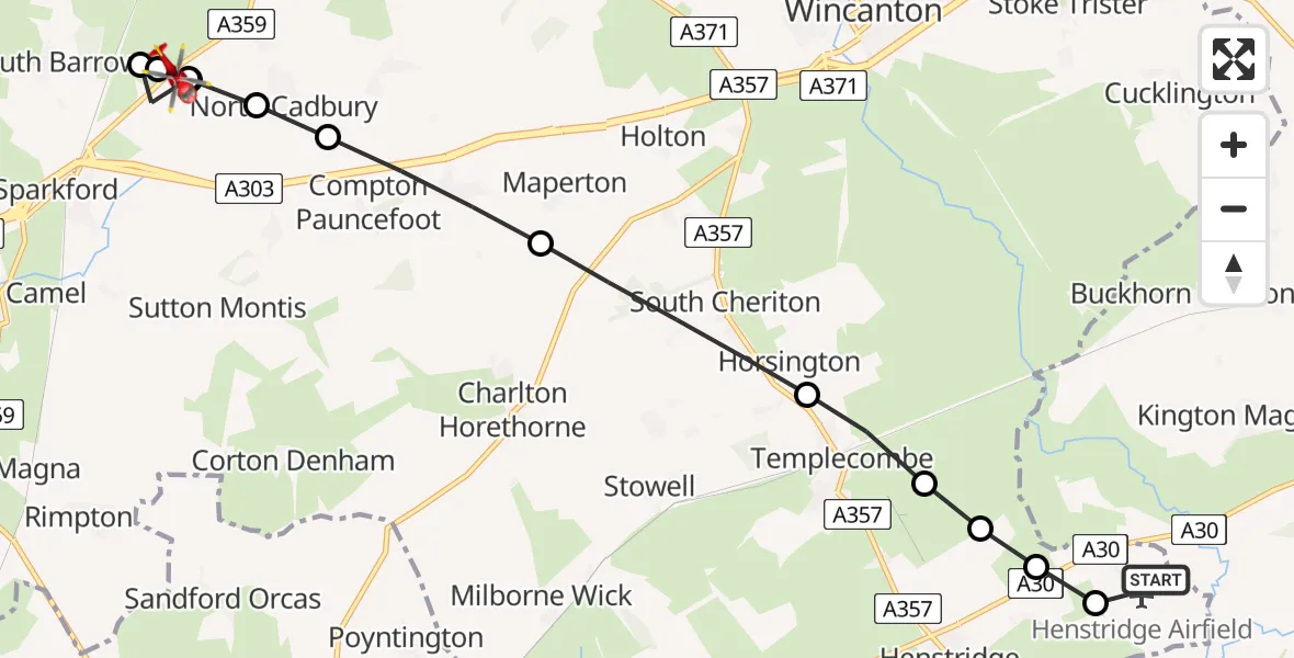 Flight route Air Ambulance Helicopter Henstridge Airfield - Galhampton, 07 May 2026, 18:02