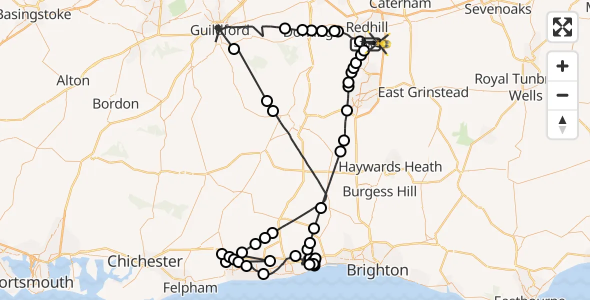 Flight route Police Helicopter Salfords - Redhill Aerodrome, 07 May 2026, 18:14
