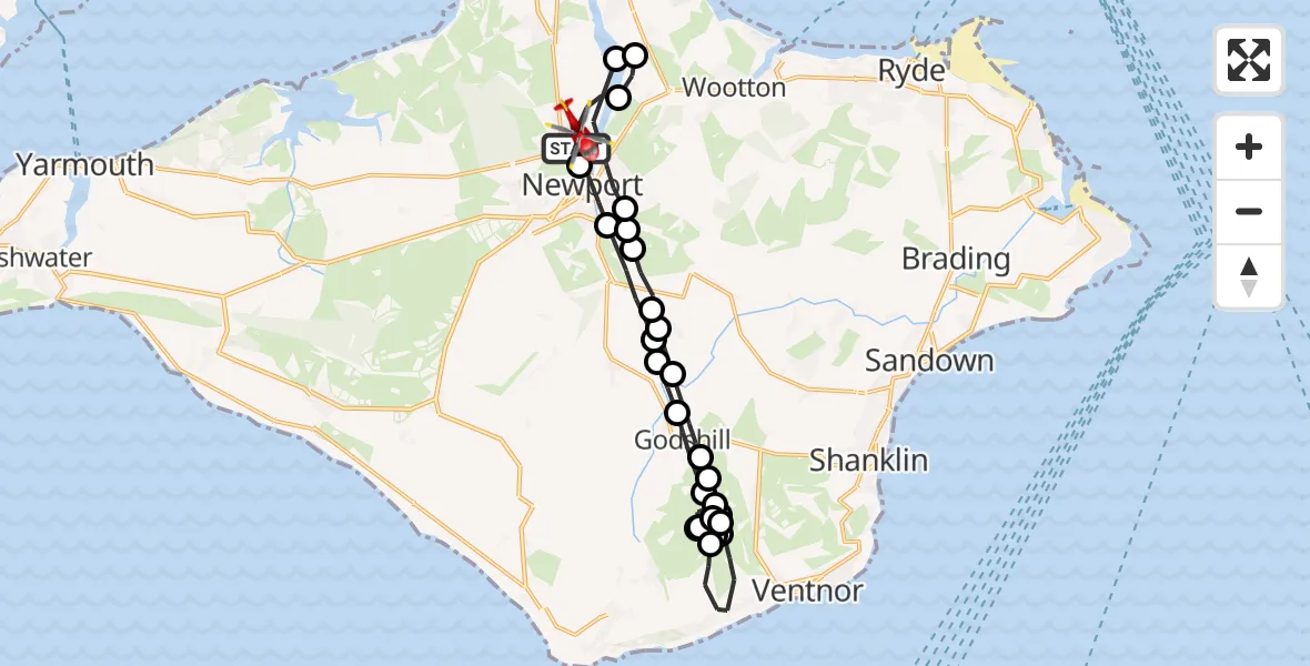 Flight route Air Ambulance Helicopter St Marys Hospital Isle Of Wight - Newport, 07 May 2026, 18:15