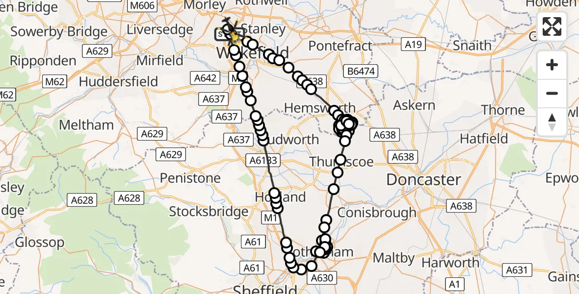 Flight route Police Helicopter East Ardsley - East Ardsley, 07 May 2026, 18:16