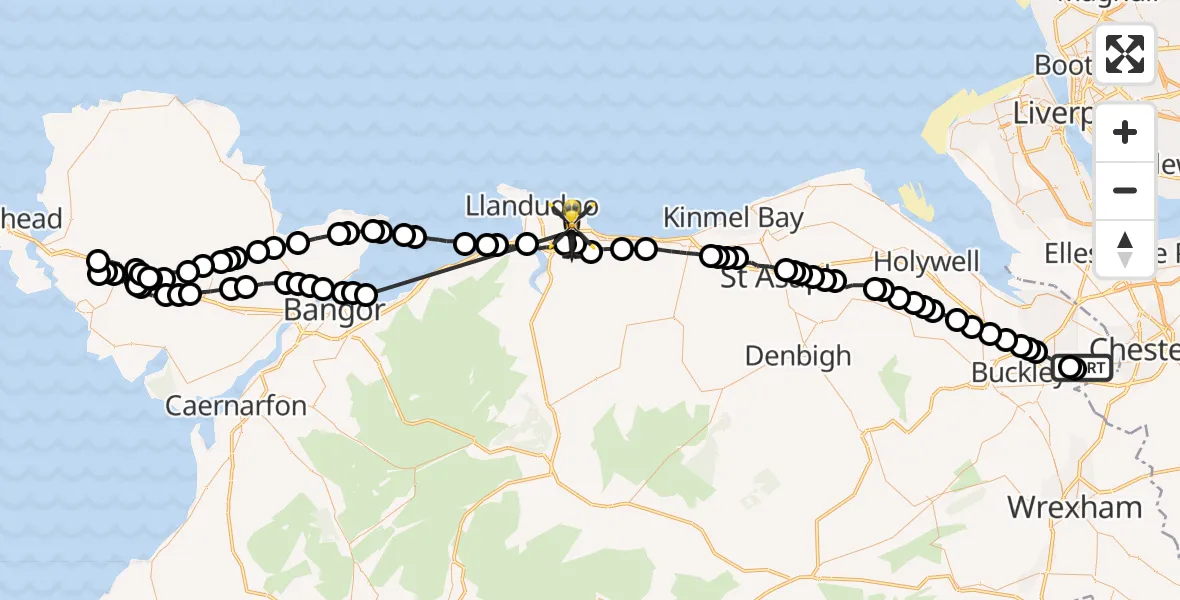 Flight route Police Helicopter Hawarden Airport - Llandudno Junction, 07 May 2026, 18:35