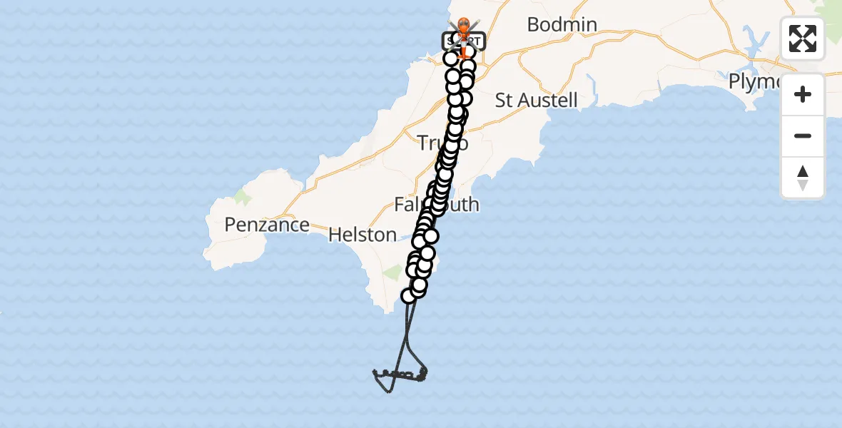 Flight route Coastguard Helicopter Cornwall Airport Newquay - Cornwall Airport Newquay, 07 May 2026, 18:37
