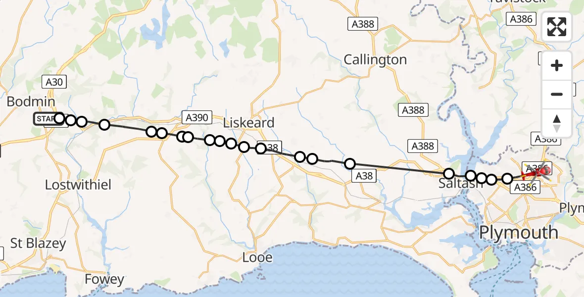Flight route Air Ambulance Helicopter Bodmin - Crownhill, 07 May 2026, 18:38