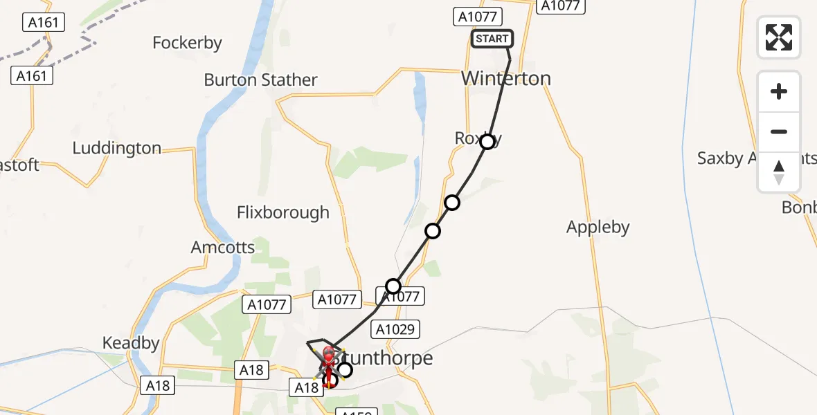 Flight route Air Ambulance Helicopter Winterton - Scunthorpe, 07 May 2026, 18:38