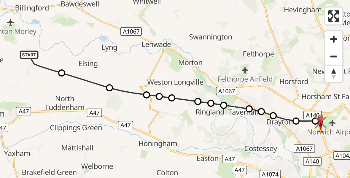 Flight route Air Ambulance Helicopter Swanton Morley - Norwich Airport, 07 May 2026, 18:44