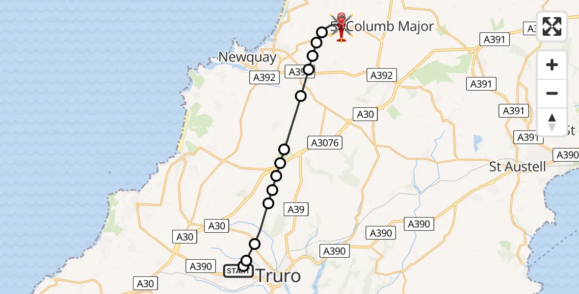 Flight route Air Ambulance Helicopter Treliske Hospital - Cornwall Airport Newquay, 07 May 2026, 18:50