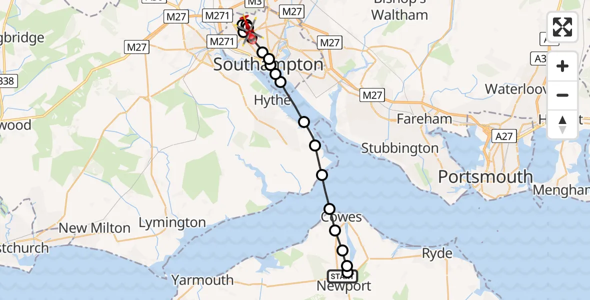 Flight route Air Ambulance Helicopter St Marys Hospital Isle Of Wight - University Hospital Southampton, 07 May 2026, 18:50