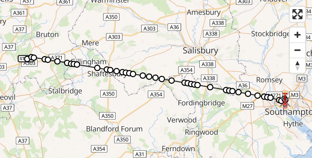 Flight route Air Ambulance Helicopter Galhampton - University Hospital Southampton, 07 May 2026, 19:19