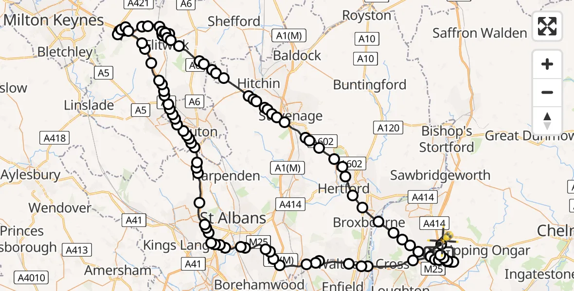 Flight route Police Helicopter Coopersale - North Weald Airfield, 07 May 2026, 19:19