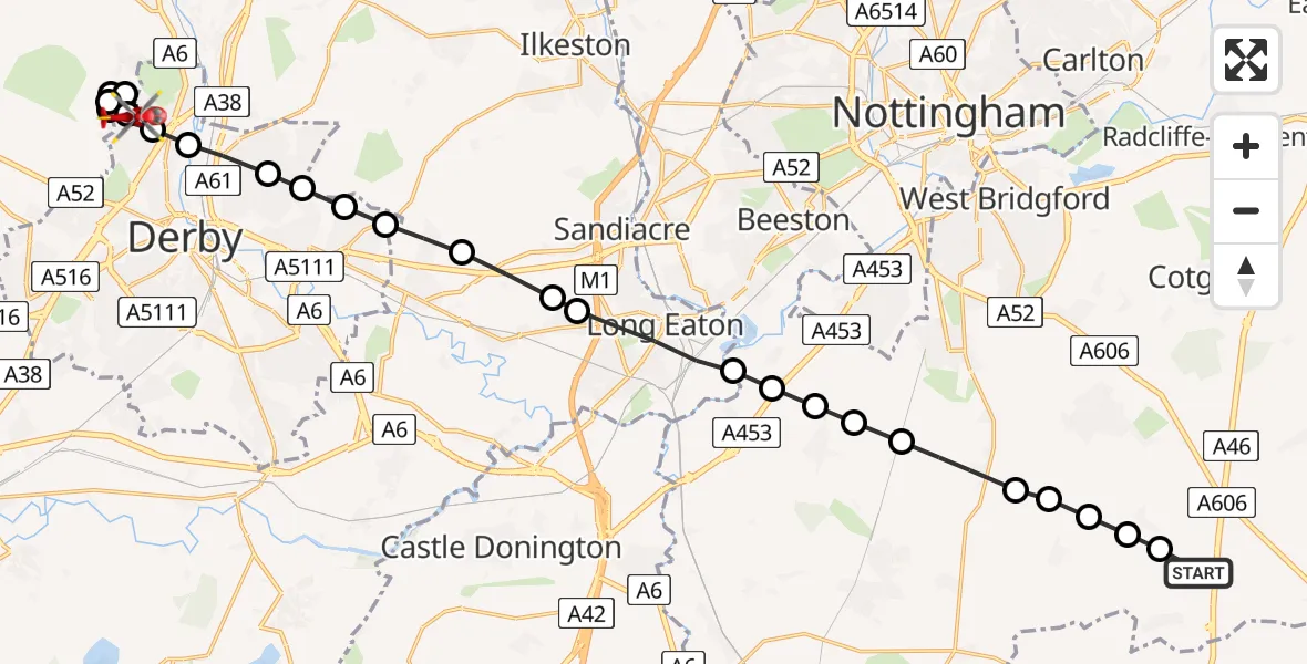 Flight route Air Ambulance Helicopter Willoughby on the Wolds - Allestree, 07 May 2026, 19:24